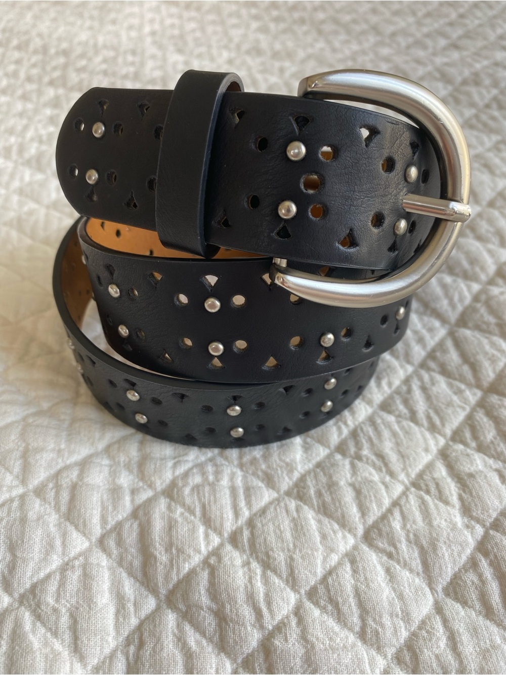 Black Studded Cutout Boho Biker Leather Belt Festival Silver Buckle Y2K M/L
